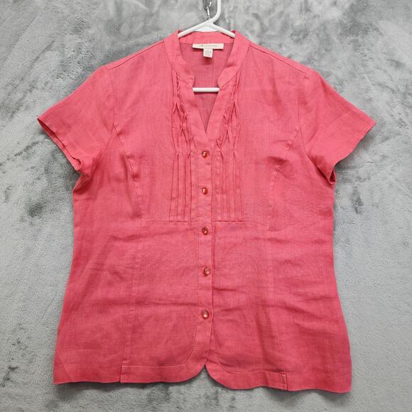 JM Collection Top Womens 8 Pink Linen Short Sleeve Pintuck Pleated Button Front - Picture 1 of 8